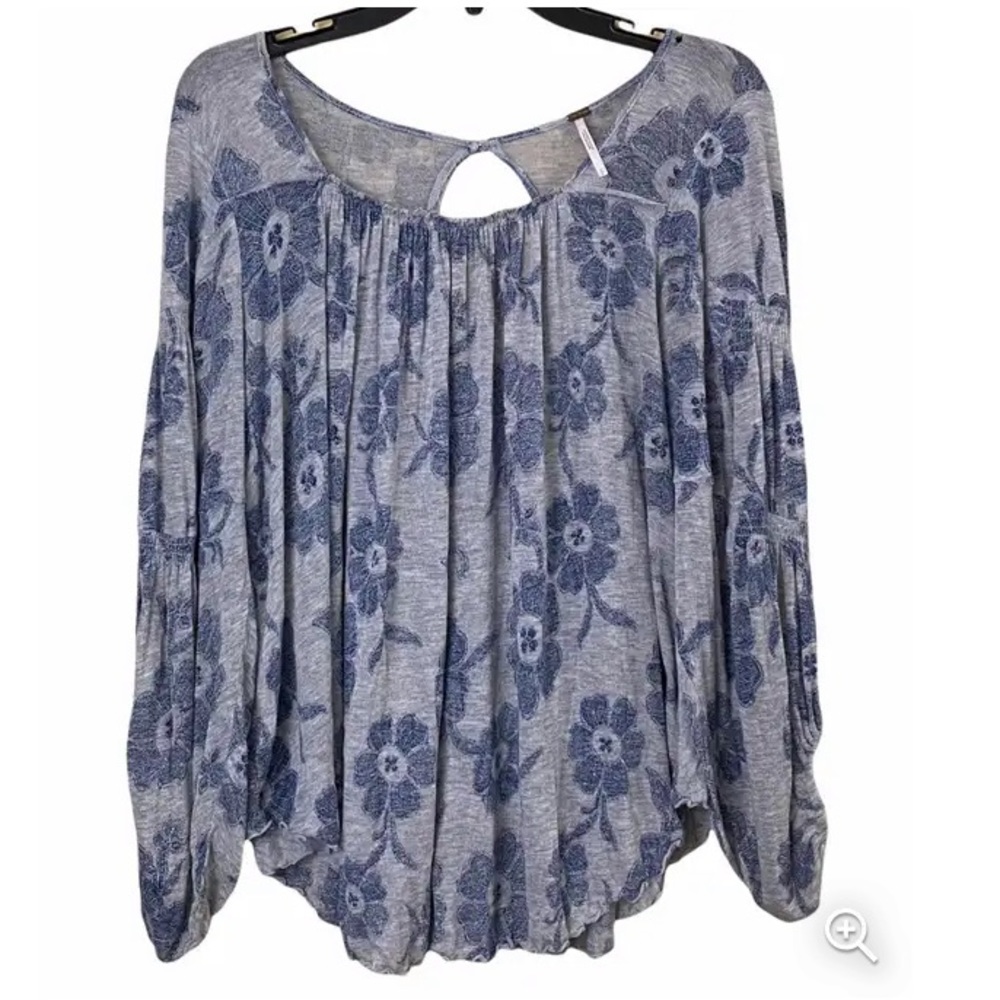 Free People Grey and Blue Floral Peasant Boho Top, MEDIUM, used good condition - Picture 3 of 6